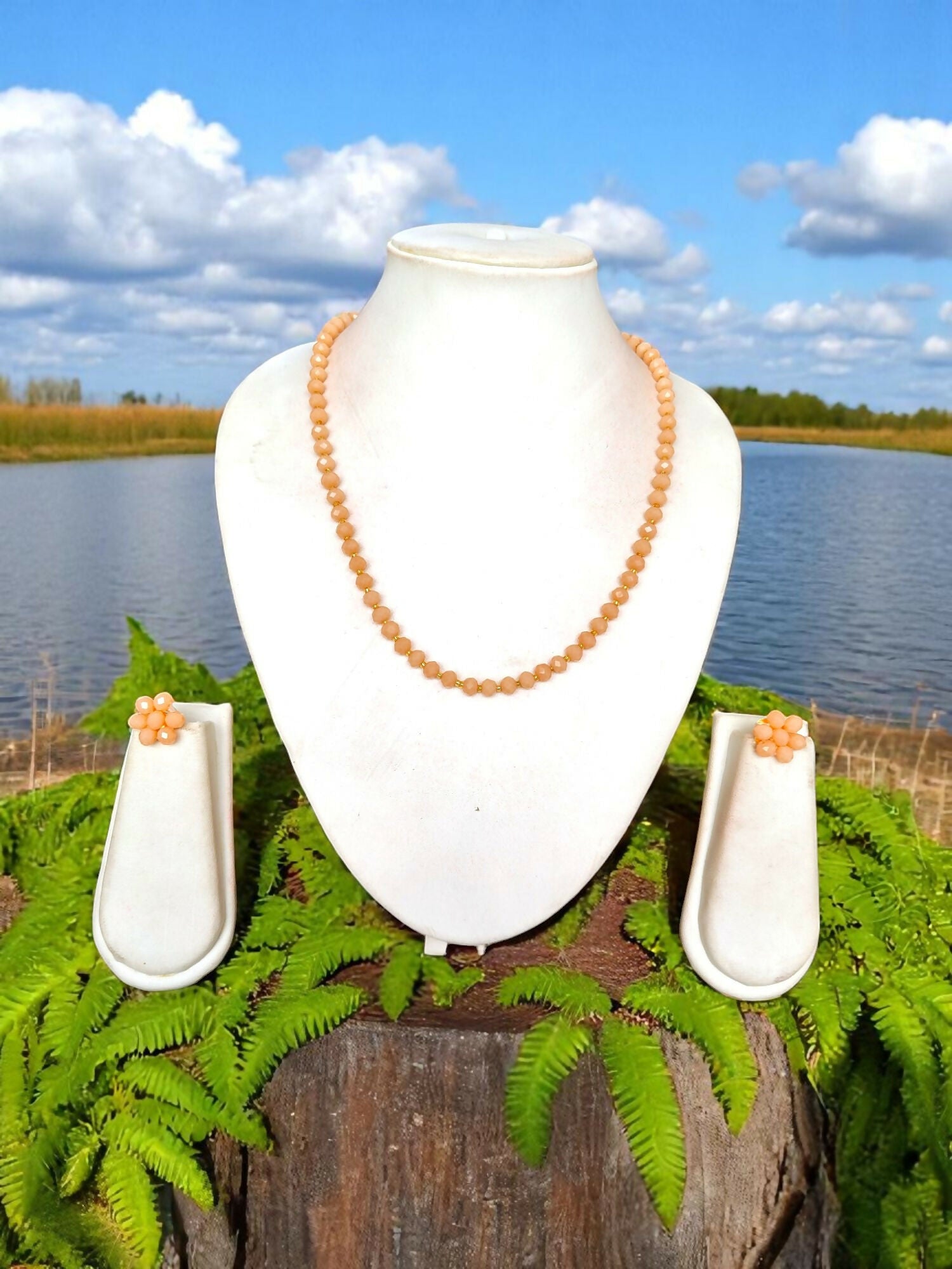 Inhanns Crystal Bloom – Single Line Necklace + Studs - Peach - Distacart