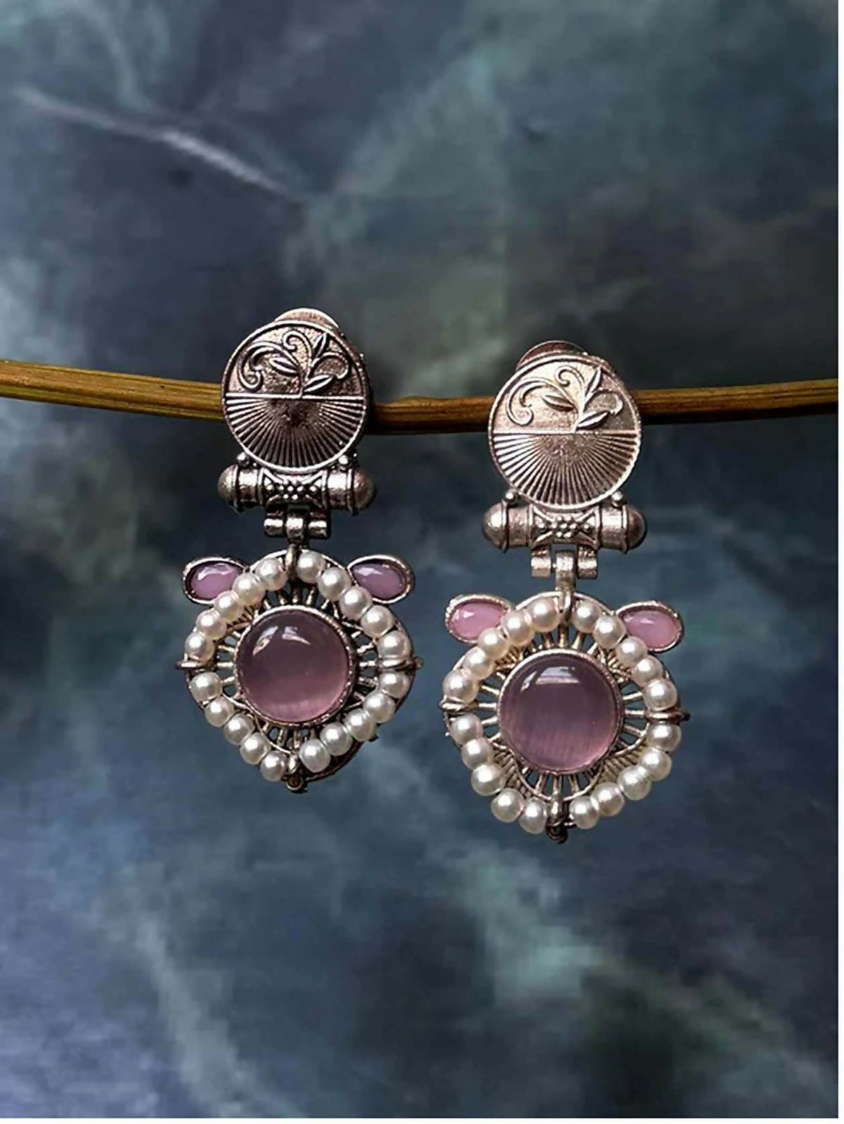 Joban Fashion Women Light Purple Monalisa Stone Beaded Silver Replica Earring