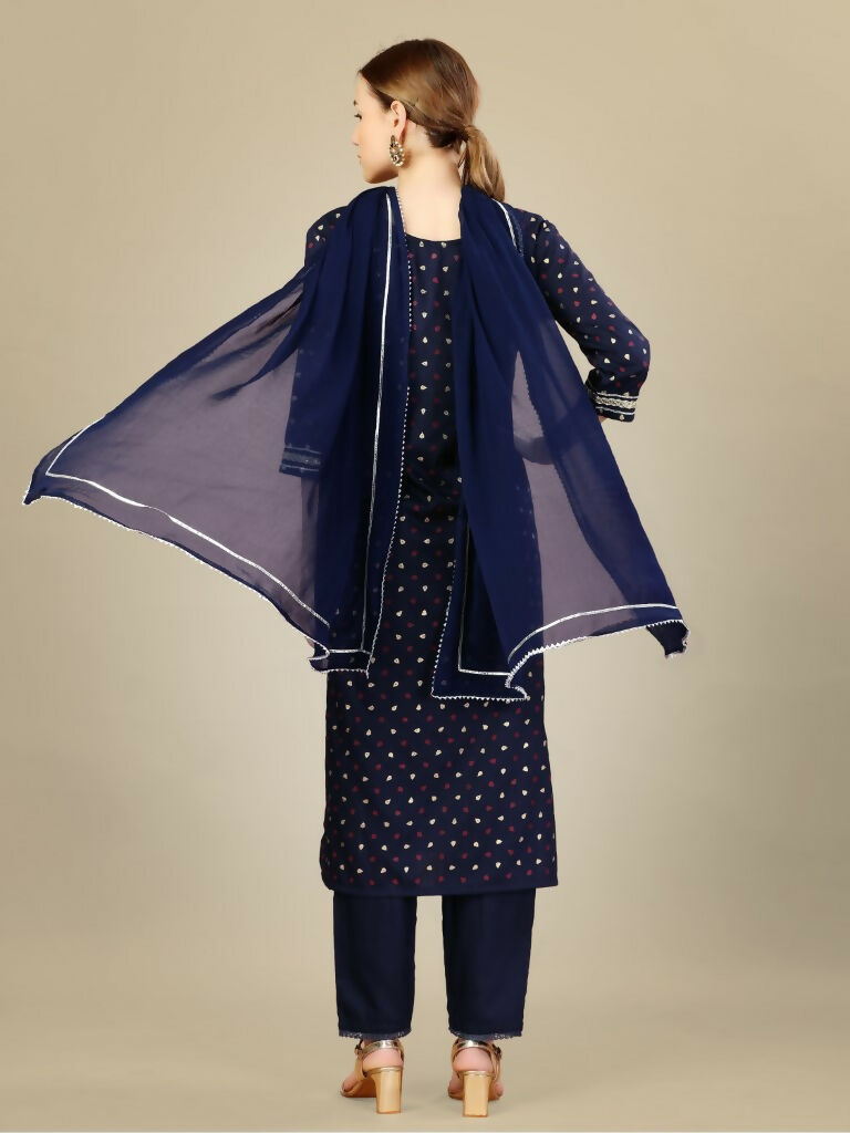 Jyoti Fashion Women's Navy Blue Silk Blend Embroidery & Sequence work Kurta with Trouser & Dupatta - Distacart