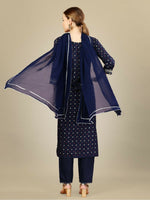 Thumbnail for Jyoti Fashion Women's Navy Blue Silk Blend Embroidery & Sequence work Kurta with Trouser & Dupatta - Distacart