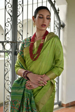Thumbnail for Vishnu Weaves Women's Mahendi Raw Silk Patola Zari Woven Saree with Blouse