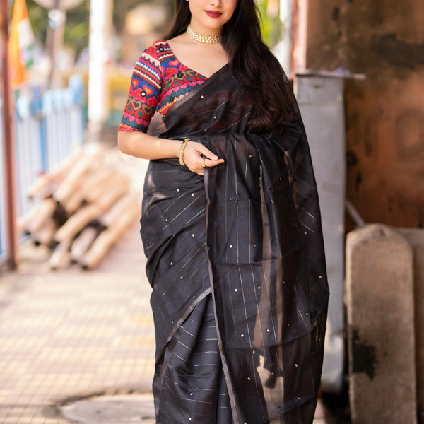 Black Pure Linen Ethnic Motifs Saree with Unstitched Blouse - A2M - Distacart