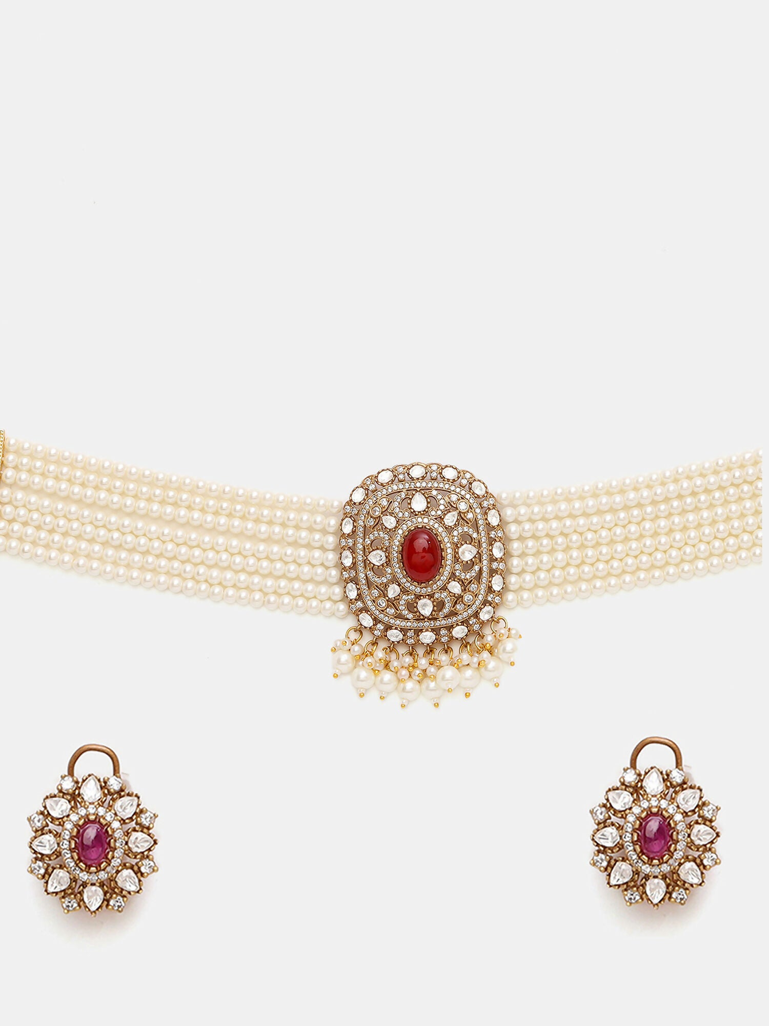 Ruby Raang 22k Gold Polished Pearl And Kundan Necklace With Stud Earrings - Distacart