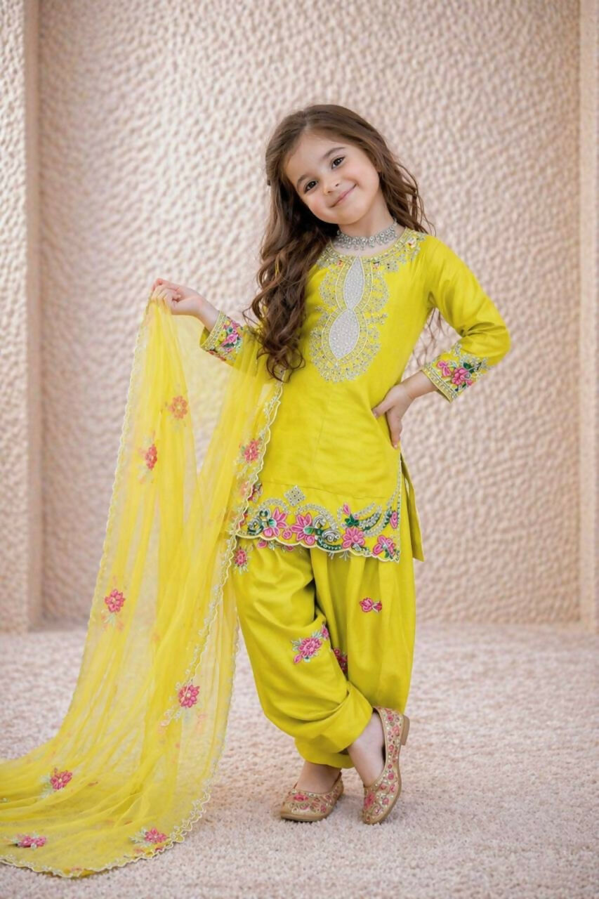 Teeya Creation New Kids Trendy Wedding Wear Traditional Kurta Salwar Set-Yellow - Dista