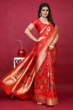 Thumbnail for Jyoti Fashion Women's Red Paithani Silk Zari Woven Saree with Blouse - Distacart