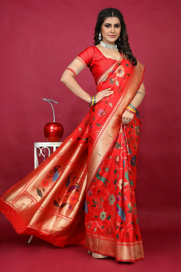 Jyoti Fashion Women's Red Paithani Silk Zari Woven Saree with Blouse - Distacart