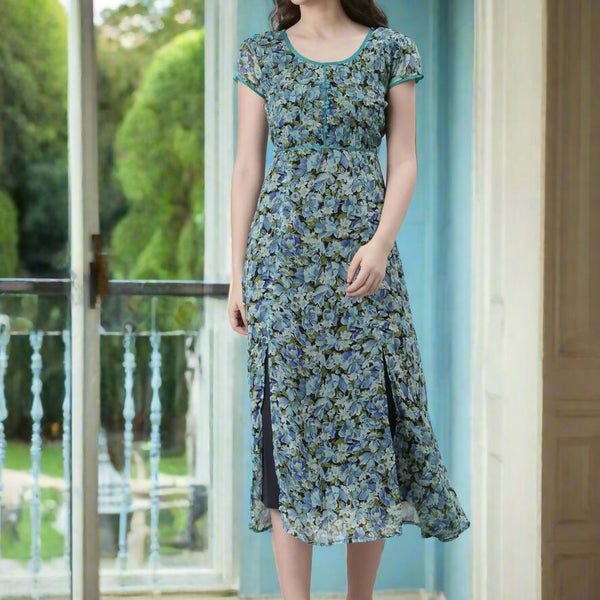Souchii Teal & Blue Floral Printed Fit & Flare Dress