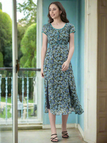 Souchii Teal & Blue Floral Printed Fit & Flare Dress - Dista
