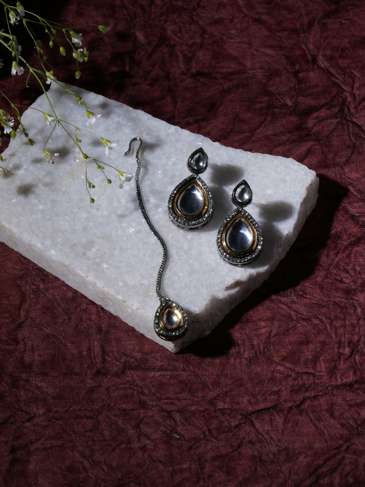 Tear Drop Dual Tone Kundan Maang Tikka with Earrings Jewellery Set (silver) - Ruby Raang - Distacart