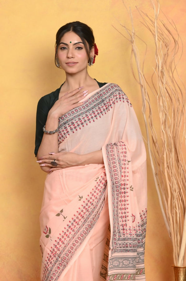 Very Much Indian Handblock Printed Cotton Saree With Natural Dyes - Peach - Distacart