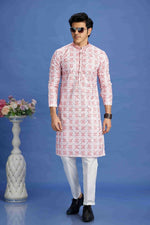 Thumbnail for Raivat Ethnic Cotton Embroidery Kurta Pajama In Pink Colour - Dista