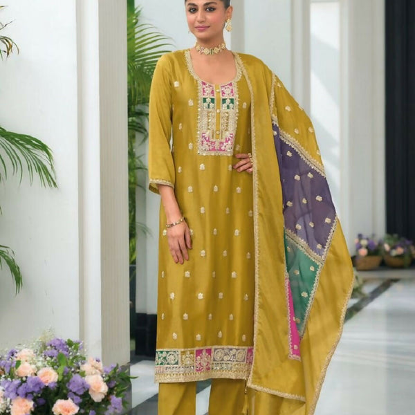Teeya Creation Yellow Color Chinon Silk Embroidery Work Wedding Wear Designer Salwar Suit - Distacart