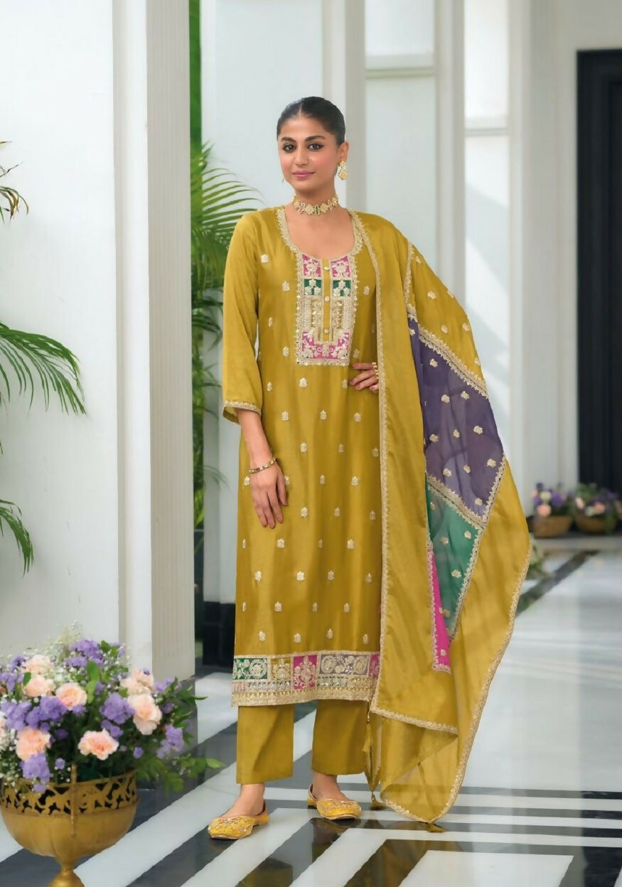 Teeya Creation Yellow Color Chinon Silk Embroidery Work Wedding Wear Designer Salwar Suit - Distacart