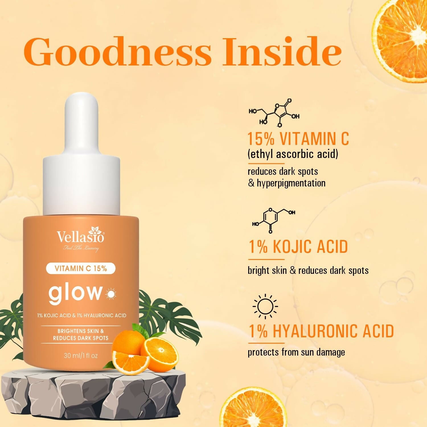 Vellasio 15% Vitamin C Serum with Hyaluronic Acid & Kojic Acid - Distacart
