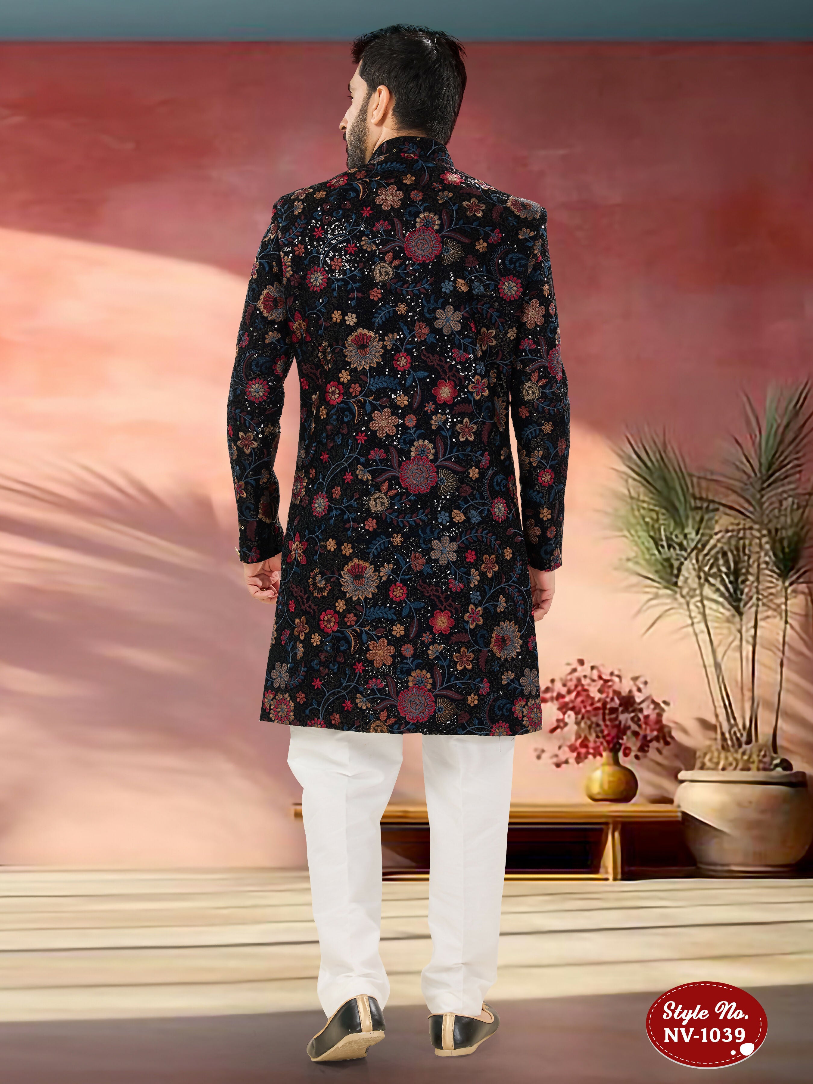 Joban Fashion Men's Blue Base Multi-Colour Straight Velvet Heavy Thread And Sequence Embroidary All Over Indo-Western Kurta Set - Distacart