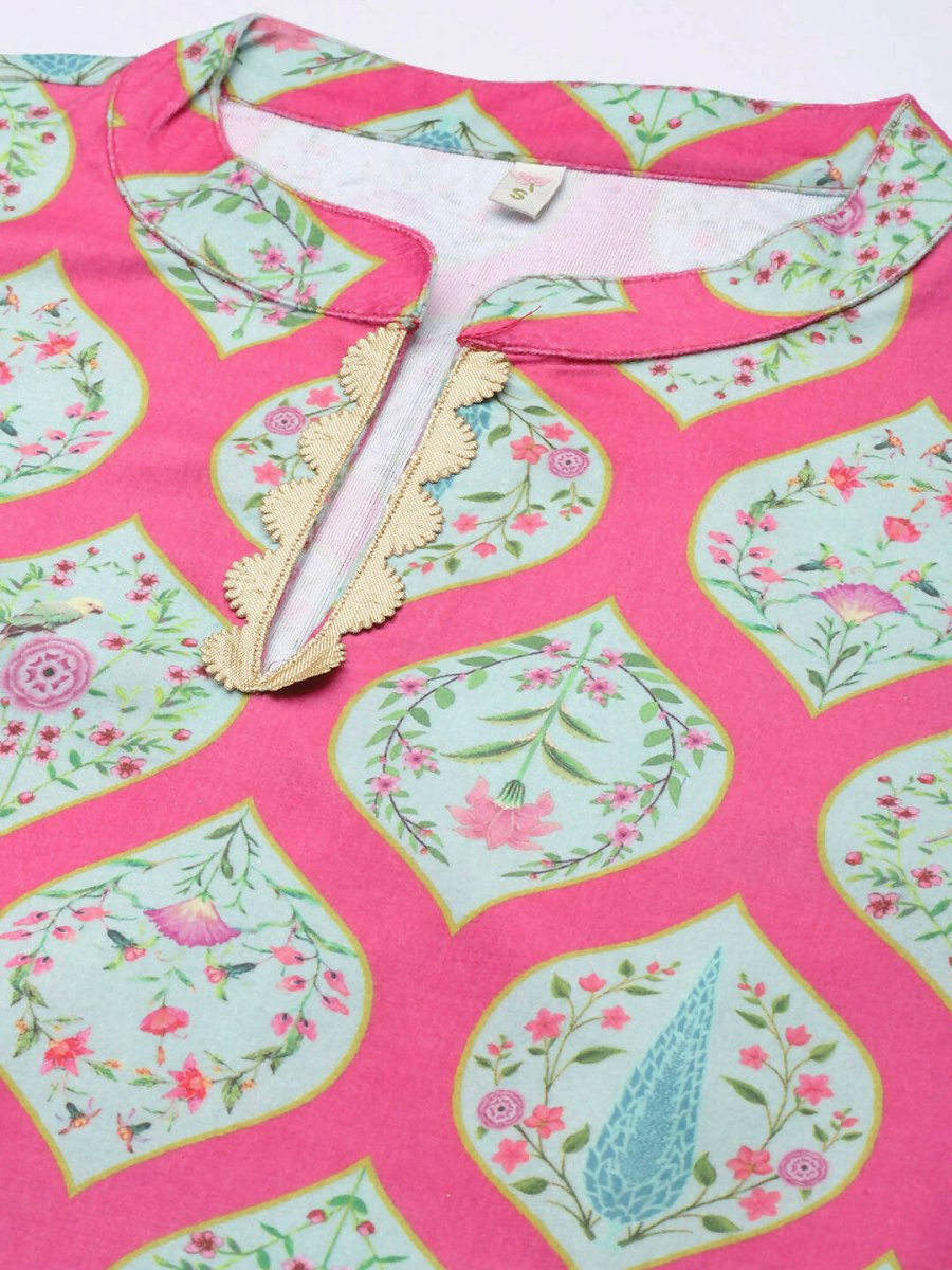 Ahalyaa Women Pink & Sea Green Floral Printed Gotta Patti Velvet Kurta - Distacart