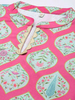 Thumbnail for Ahalyaa Women Pink & Sea Green Floral Printed Gotta Patti Velvet Kurta - Distacart
