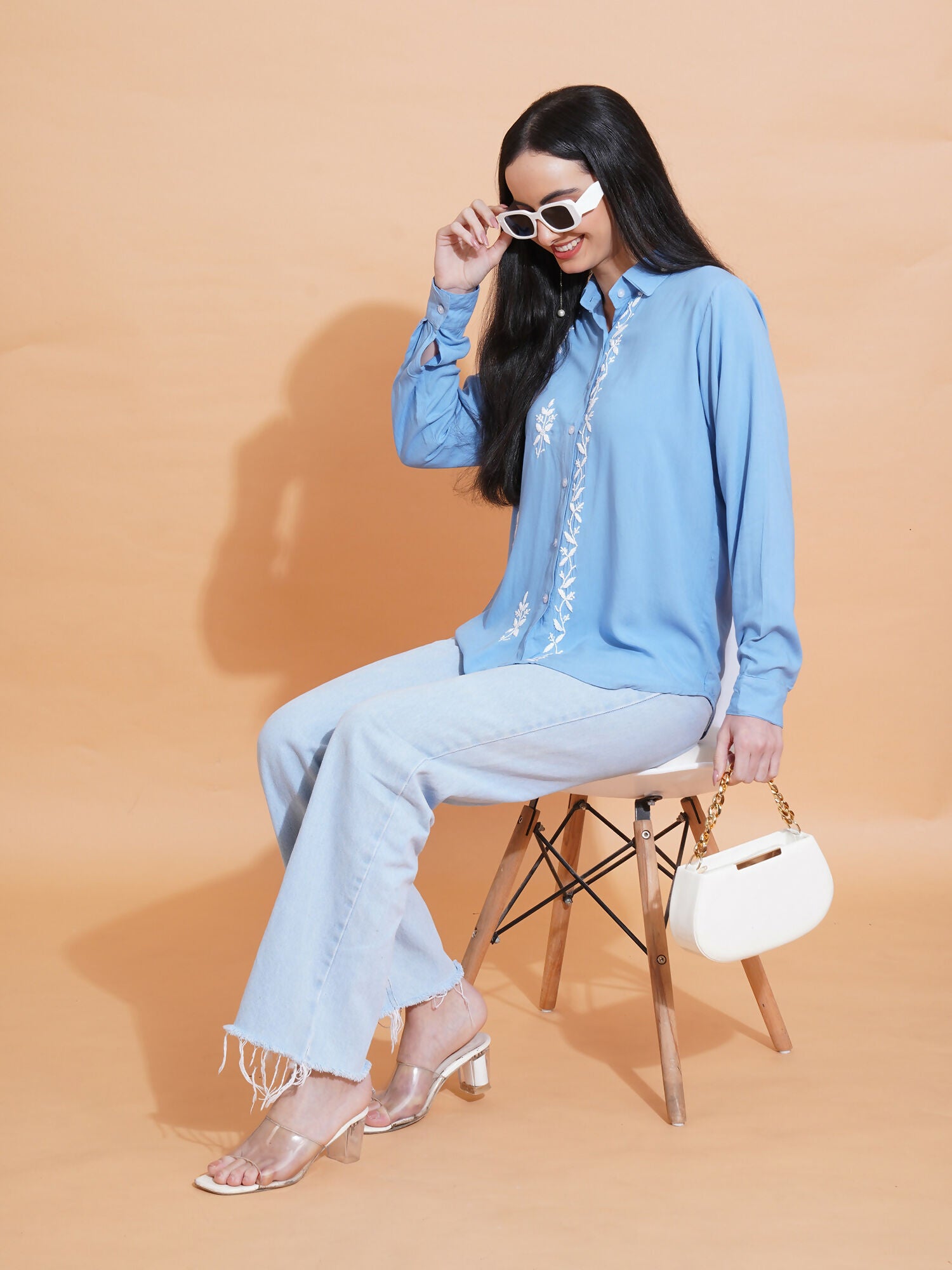 Pahnaz Modal Chikankari Handwork Shirt-Blue - Dista