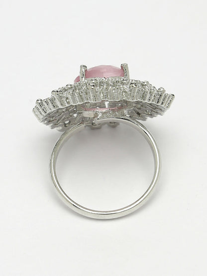 NVR Women's Pink & Silver CZ-Studded Handcrafted Adjustable Finger Ring - Distacart