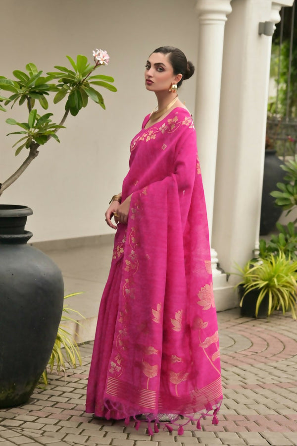 Vishnu Weaves Women's Pink Linen Silk Zari Weaving Saree with Blouse