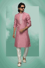 Thumbnail for Raivat Ethnic Art Silk Mirror Embroidery Work Kurta Pajama In Pink Colour - Dista