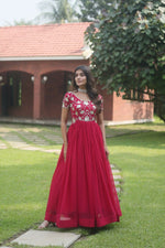 Thumbnail for Jyoti Fashion Women's Rani Pink Sequins Embroidered Faux Georgette Anarkali Dress - Distacart