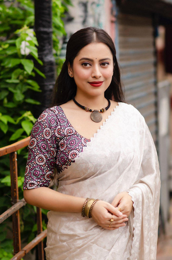 Grey Poly Silk Ethnic Motifs Saree with Unstitched Blouse - Hiral Fashion - Distacart