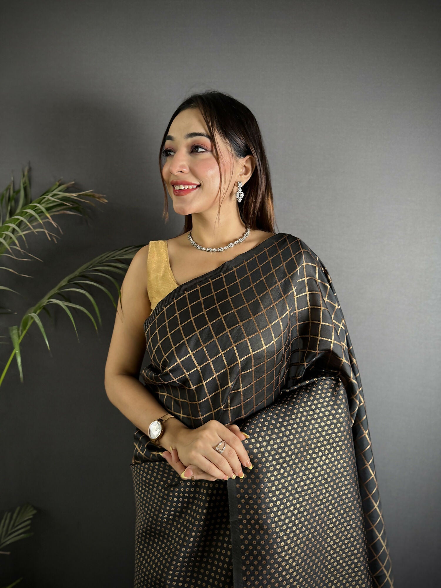 Joban Fashion Black Banarasi Soft Lichi Silk Checks & Woven Saree