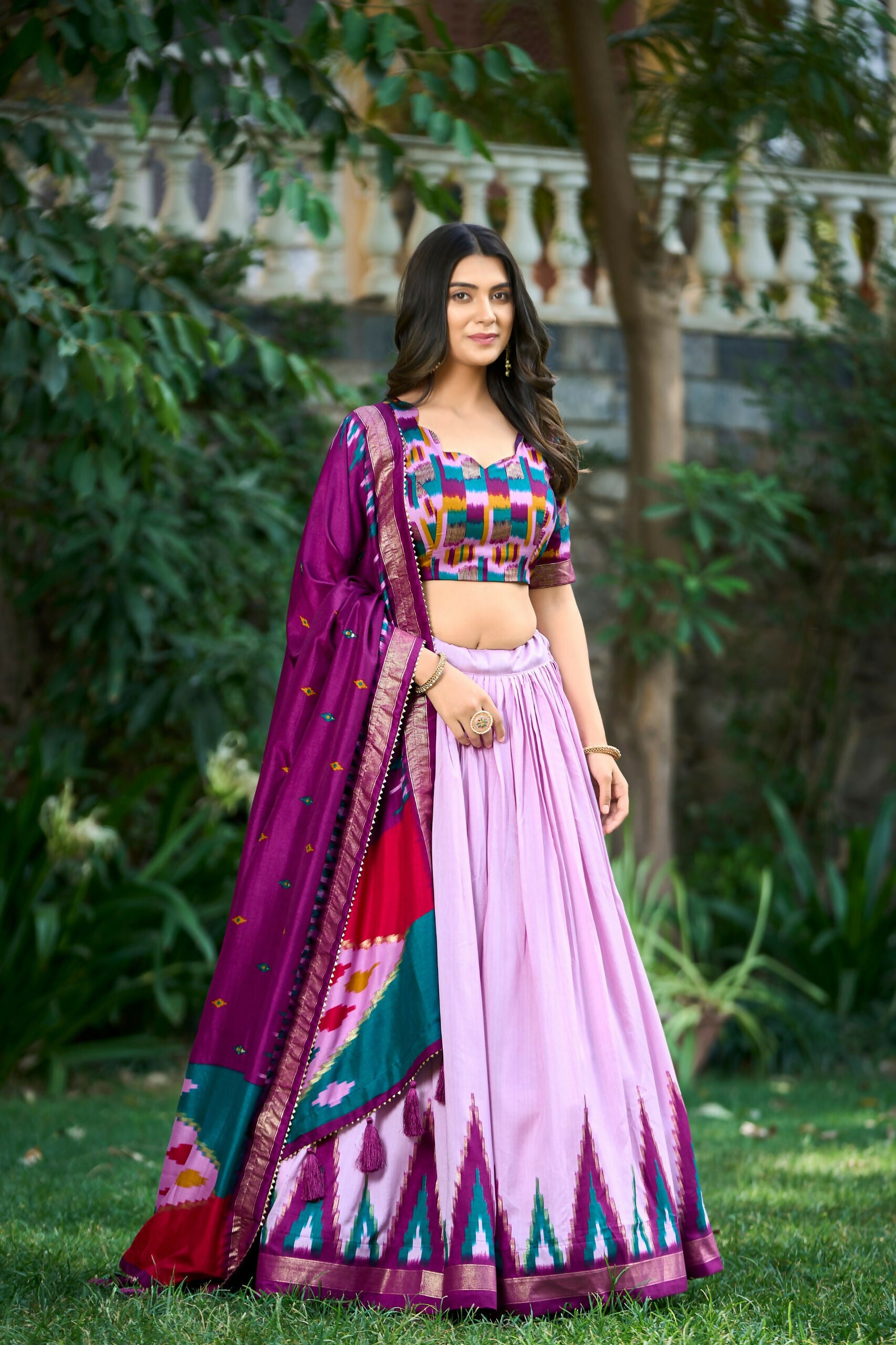Vastranavya Printed and Foil Work Tussar Silk Lehenga with Unstitched Blouse - Lavender - Distacart