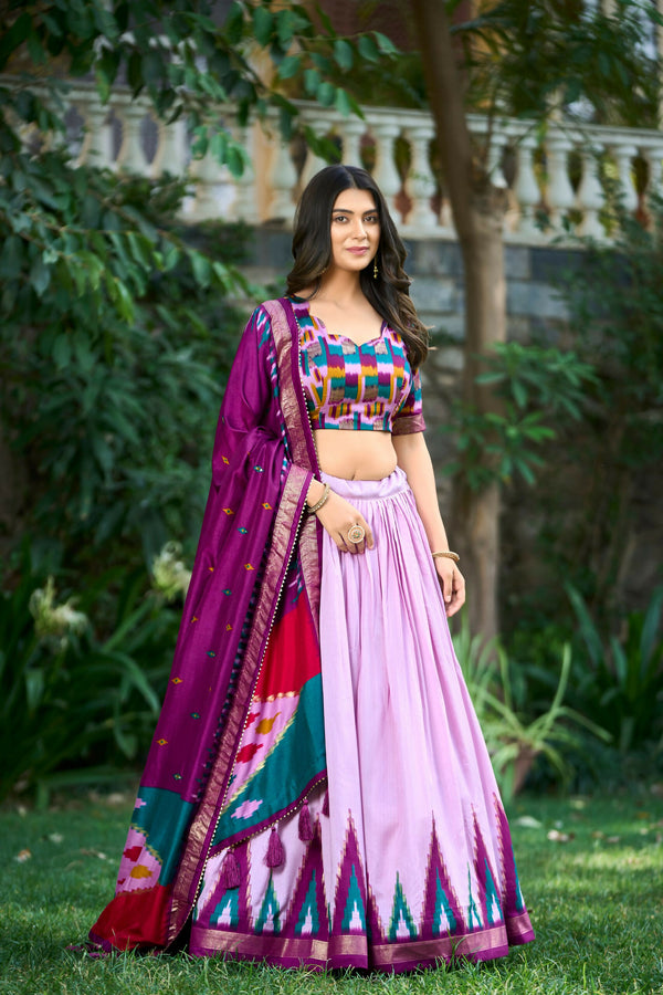 Vastranavya Printed and Foil Work Tussar Silk Lehenga with Unstitched Blouse - Lavender - Distacart
