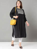 Thumbnail for Sztori Plus Size Floral Yoke Design Sequinned Straight Kurta