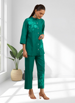 Thumbnail for Joban Fashion Green Cotton, Linen Embroidered Readymade Cord Set - Distacart