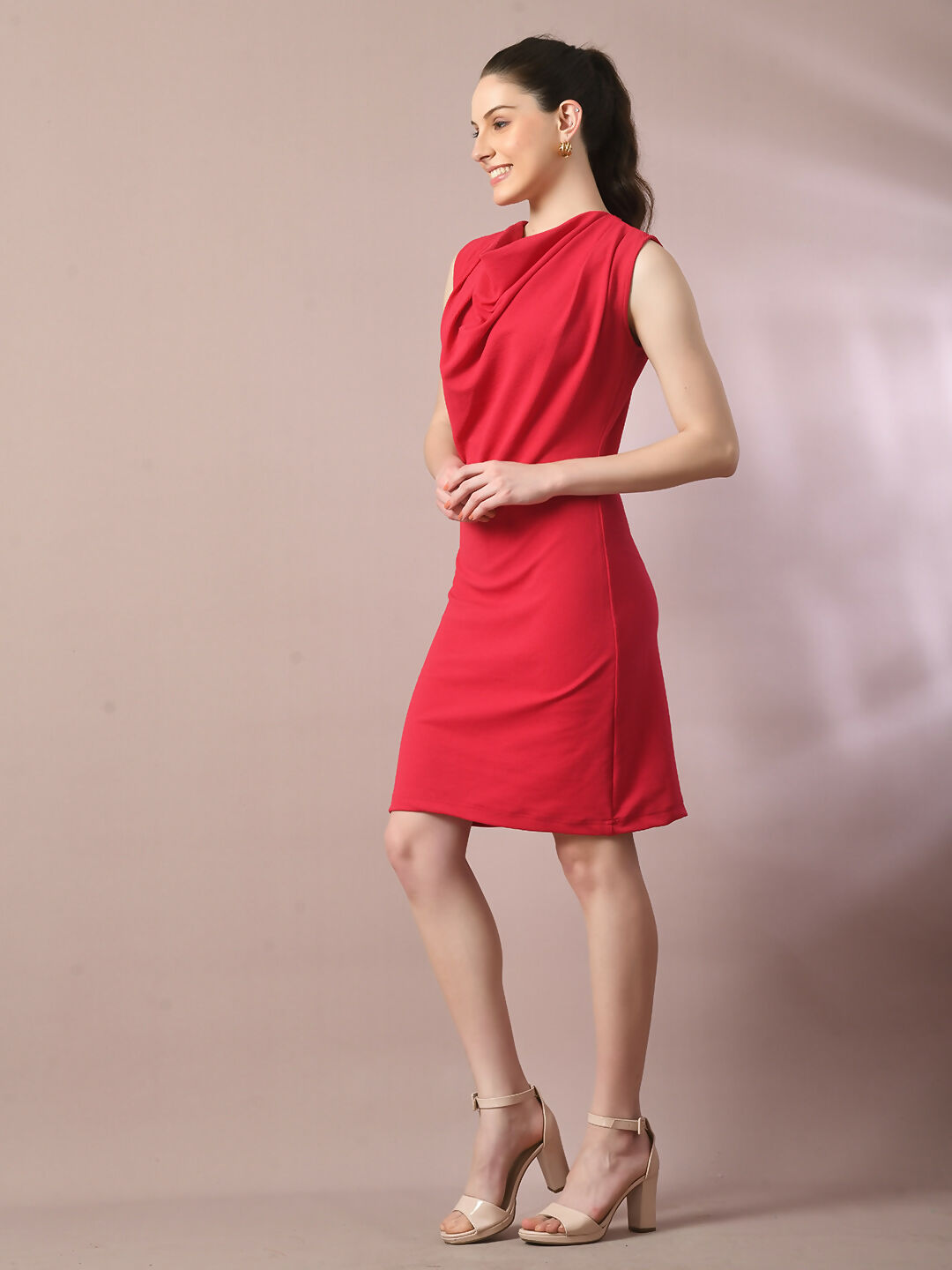 Myshka Women's Pink Solid Cowl Neck Bodycon Party Dress - Distacart