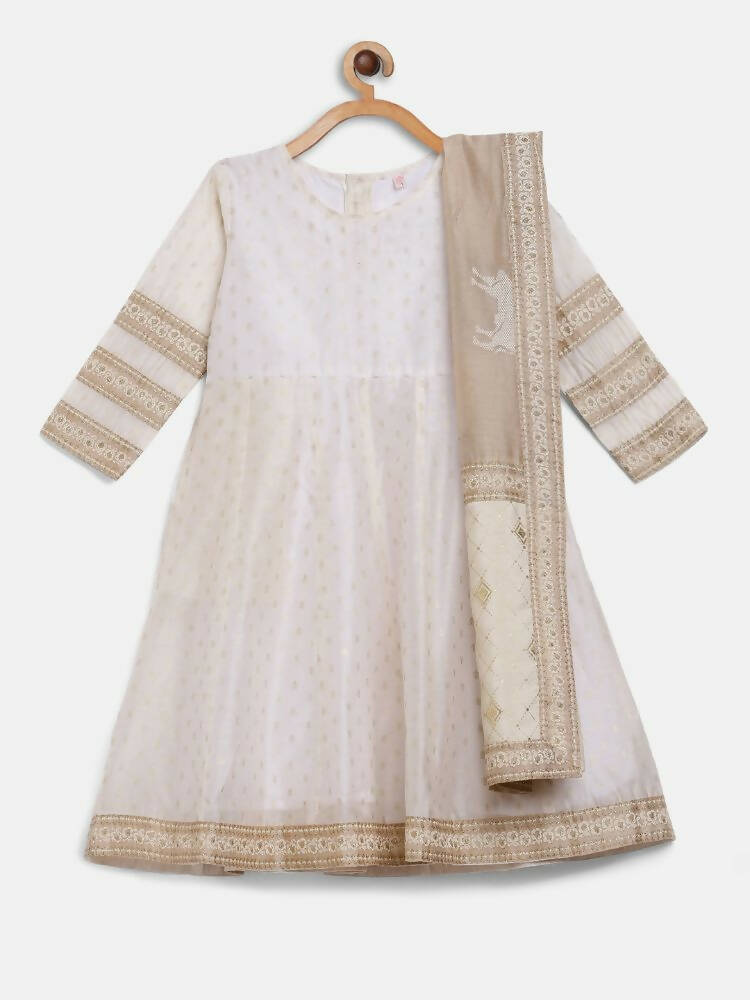 Ahalyaa Off White Chanderi Anarkali Kids Kurta With Dupatta For Girls - Distacart