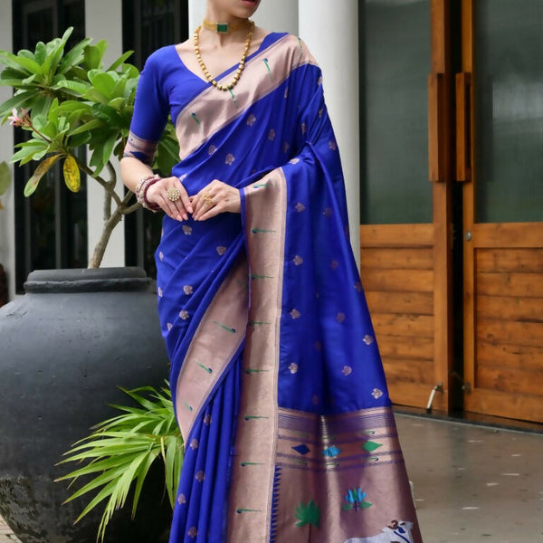 Vishnu Weaves Women's Royal Paithani Silk Zari Woven Saree with Blouse