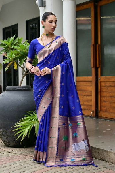Vishnu Weaves Women's Royal Paithani Silk Zari Woven Saree with Blouse