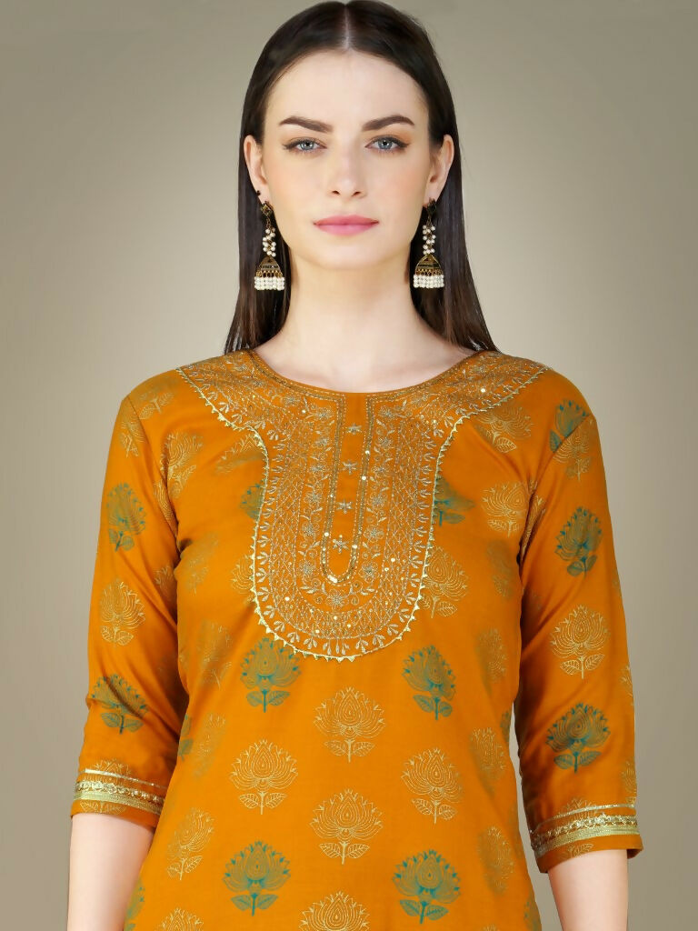 Jyoti Fashion Women's Yellow Cotton Magic Slub Embroidery & Sequence work Kurta with Trouser & Dupatta - Distacart