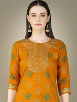 Thumbnail for Jyoti Fashion Women's Yellow Cotton Magic Slub Embroidery & Sequence work Kurta with Trouser & Dupatta - Distacart
