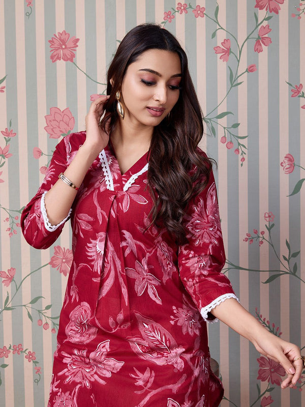 Ode by House of Pataudi Floral Printed Pure Cotton Straight Kurta - Distacart