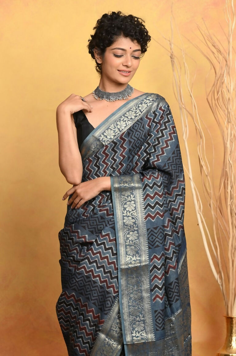 Very Much Indian Modal Silk Ajrakh Handblock Printed Natural Dyes With Designer Border Saree - Grey - Distacart