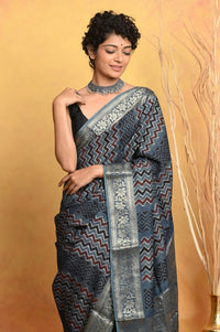 Thumbnail for Very Much Indian Modal Silk Ajrakh Handblock Printed Natural Dyes With Designer Border Saree - Grey - Distacart
