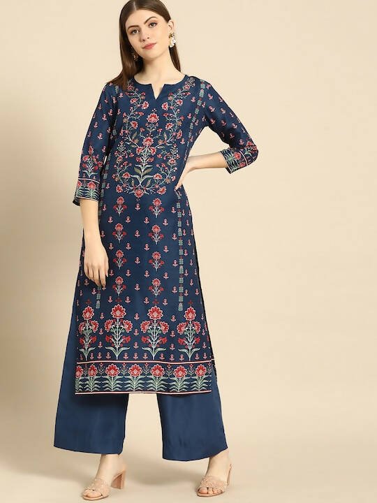 Anouk Women Navy Blue Floral Printed Beads and Stones Kurta with Palazzos - Distacart