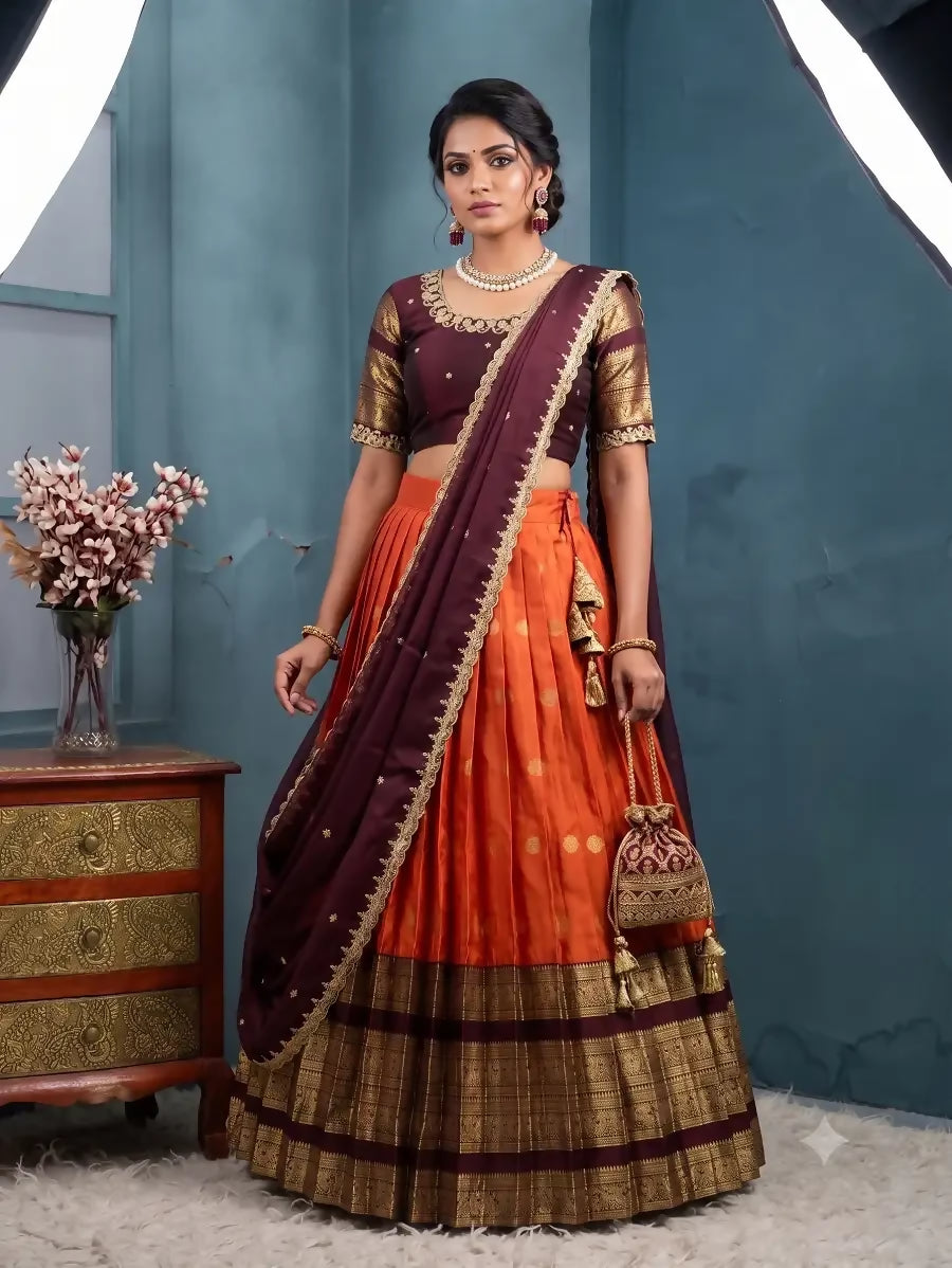 Teeya Creation Orange Traditional Half Saree Set with Maroon Embroidered Blouse & Dupatta