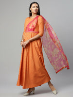 Thumbnail for Ahalyaa Women's Orange Crepe Gold Print Dress - Distacart