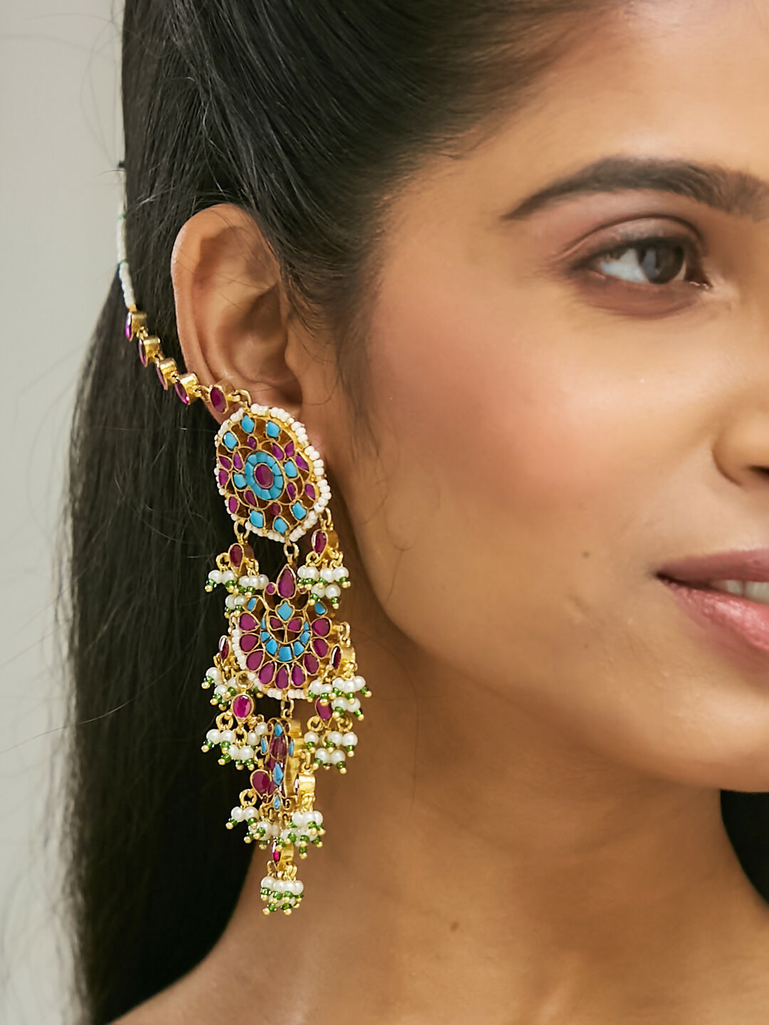 Nuyug 22K Gold-Plated Kundan Studded & Pearl Beaded Crescent Shaped Kanauti Earrings