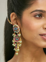 Thumbnail for Nuyug 22K Gold-Plated Kundan Studded & Pearl Beaded Crescent Shaped Kanauti Earrings