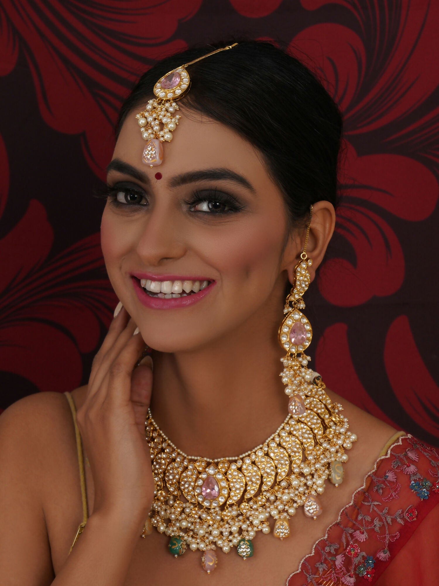 Kundan Choker with Matching Earrings & Maang Tikka Jewellery Set (Gold) - Ruby Raang - Distacart
