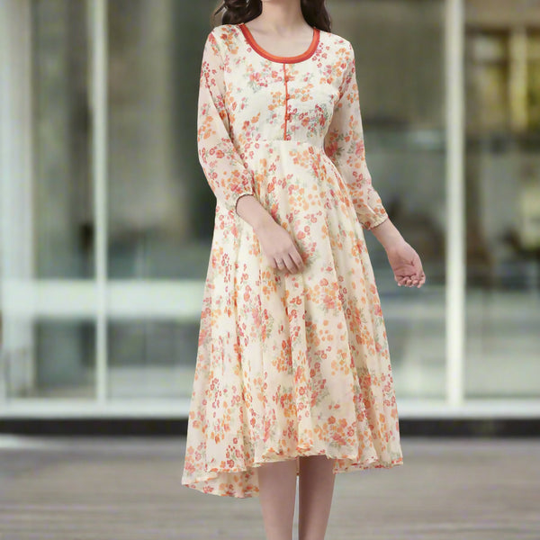 Souchii Cream Floral Printed Fit & Flare Dress