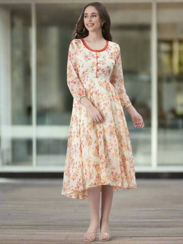 Souchii Cream Floral Printed Fit & Flare Dress - Dista