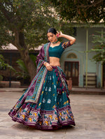 Thumbnail for Vastranavya Patola Printed and Foil Work Tussar Silk Lehenga with Unstitched Blouse - Teal - Distacart